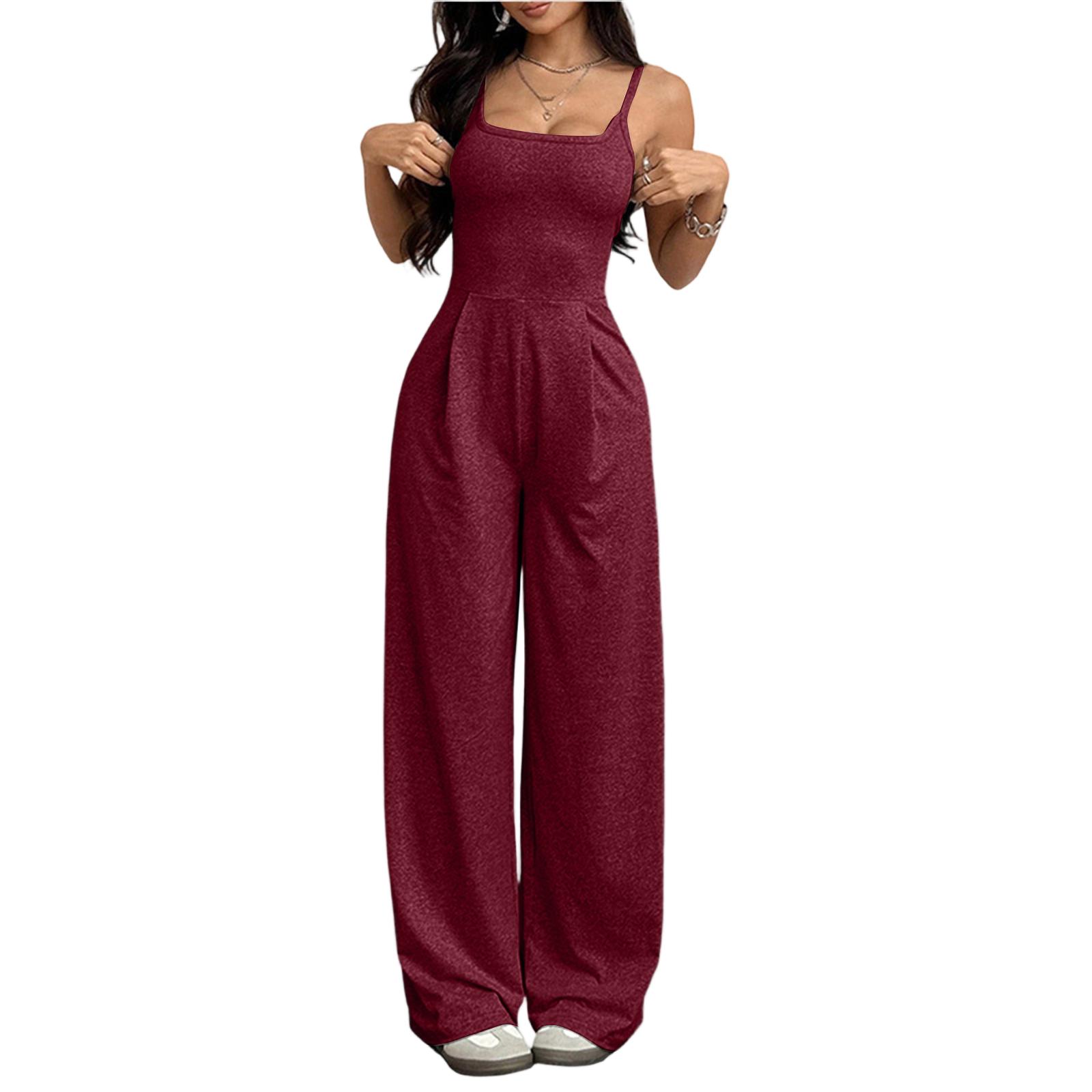

Women Sleeveless Wide Leg Jumpsuit with Square Neck and Adjustable Spaghetti Straps for Casual or Formal Wear XL винний