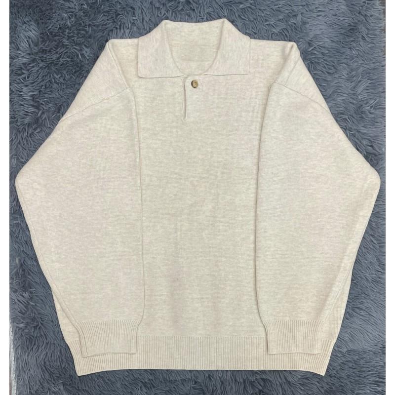 Trendy Solid Color Thick Loose Knit Sweater Old Money Style Collared Long Sleeve Winter Couple Youth