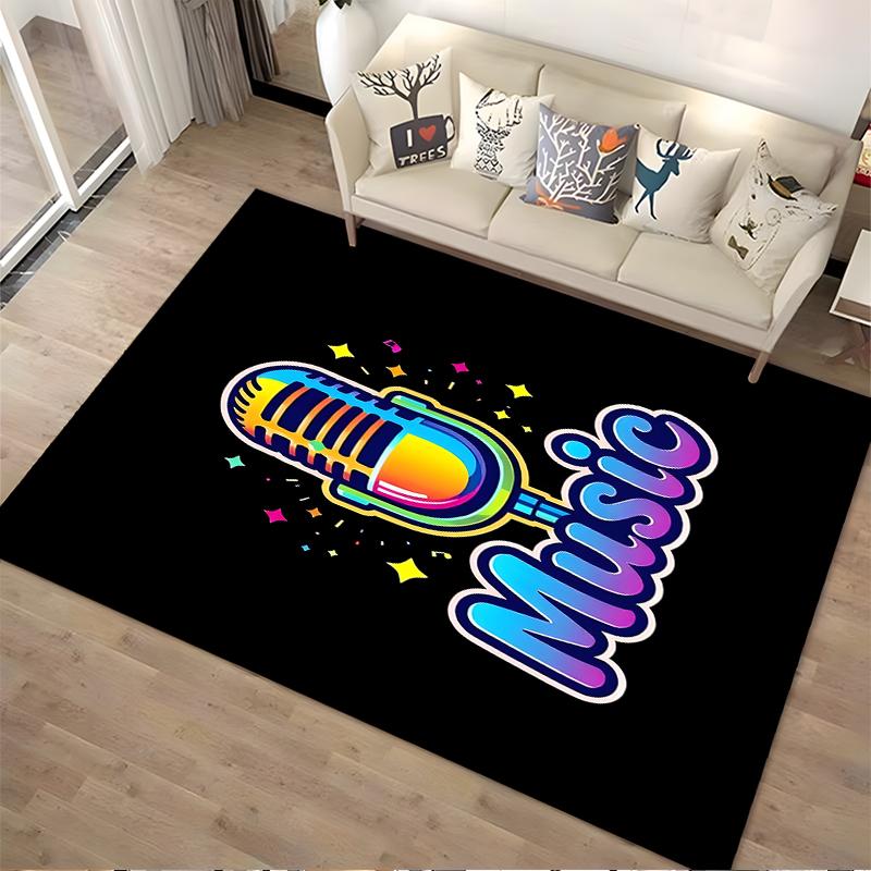 Colorful Microphone Music Design Carpet with Black Background Suitable for use as an anti-slip for living room bedroom sofas