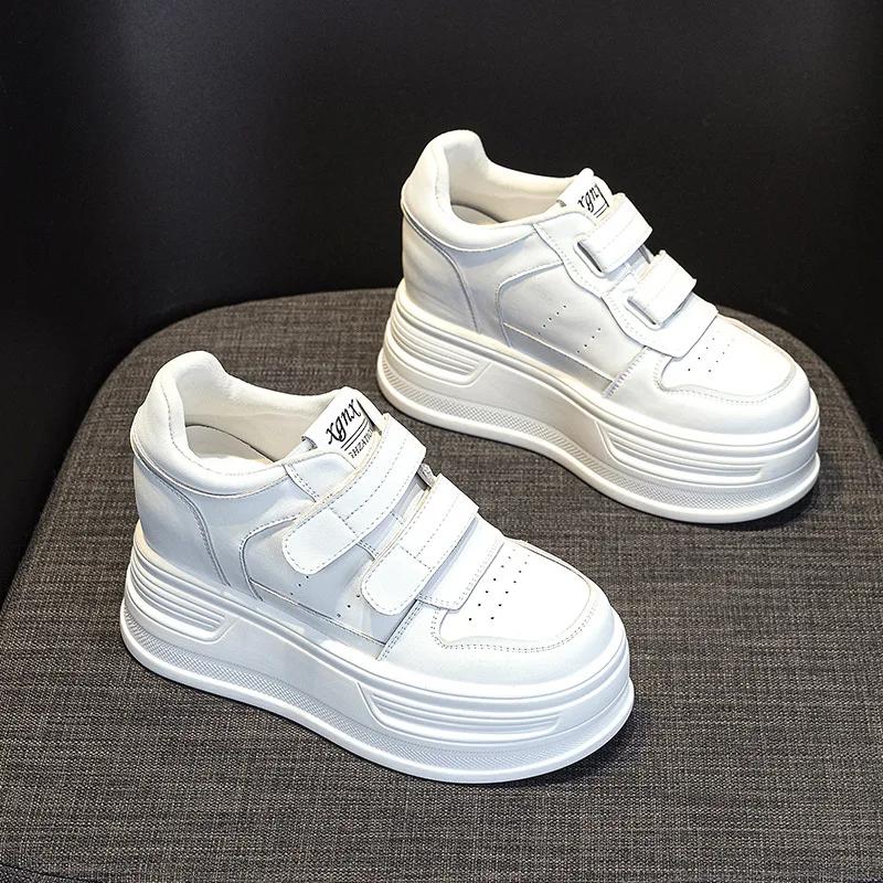 Fashion 10CM Cow Genuine Leather Autumn Platform Wedge Skate Heels Comfy Casual Shoes High Brand Chunky Sneaker Hook Women Vulcanized