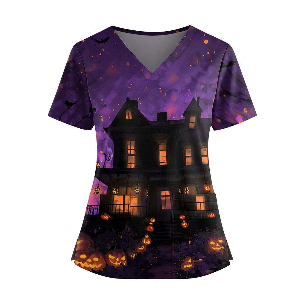 Halloween Print V Neck Short Sleeve Nurse Scrub Top with Dual Pockets and Side Slits Medical Uniform Shirt for Healthcare Professionals