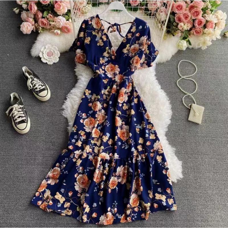 Summer French Platycodon Skirt Temperament V-Neck Waist Skinny Printed Over Knee Flared Sleeve Chiffon Floral Dress