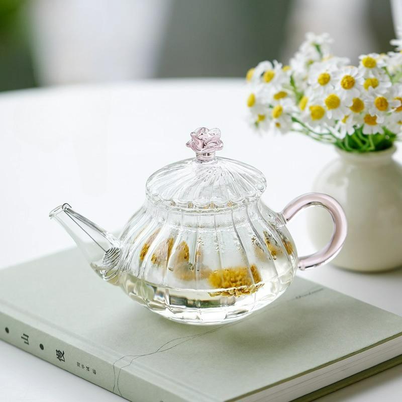 Heat Glass Flower Tea Pot Hand Blown Teapot with Infuser Large Capacity Kettle for Brewing Rose Herbal Loose Leaf Tea