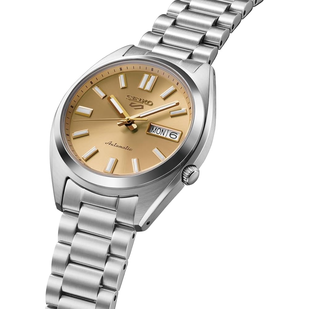 Seiko 5 Sports SBSA295 Men's Mechanical Automatic Watch Gold Dial Stainless Steel with Date Calendar and See-Through Case Back