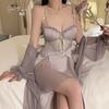 Smooth satin underwear passion hot backless deep V plus chest pad nightdress mesh robe women's suit