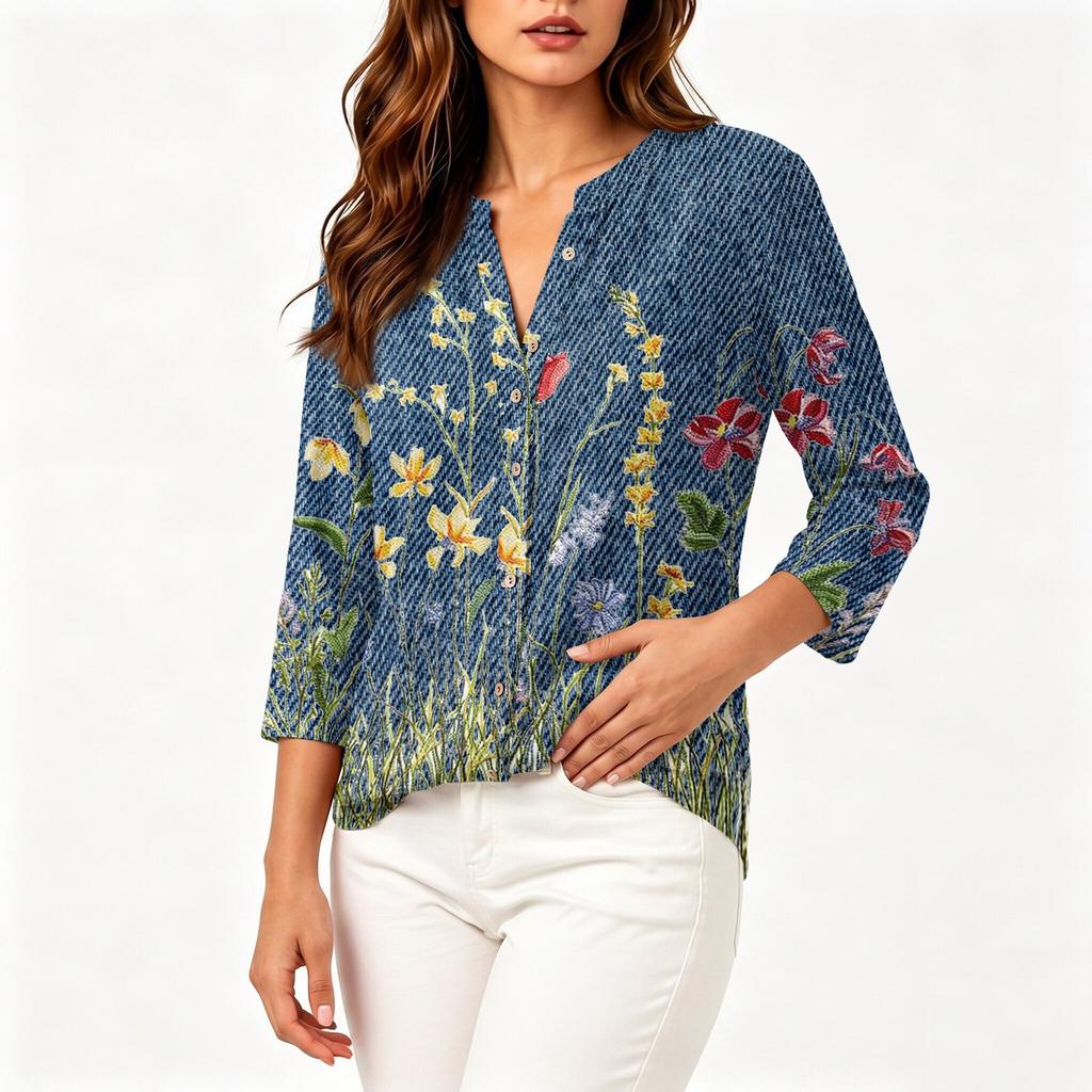 Women's Vintage Floral Print Henley Button Neck Three Quarter Sleeve Linen Cotton Blouse Casual Loose Fit Shirt for Everyday Wear