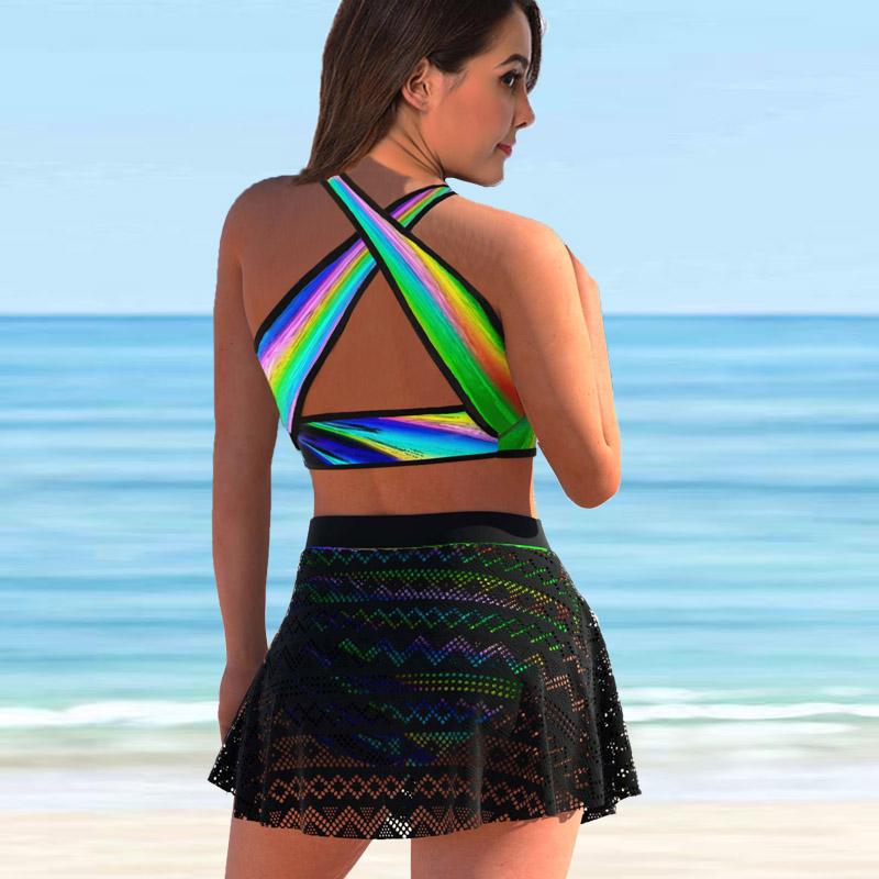 Women's Shoulder Strap Swimsuit Color Radian Print Bikini Tankini Swimsuit