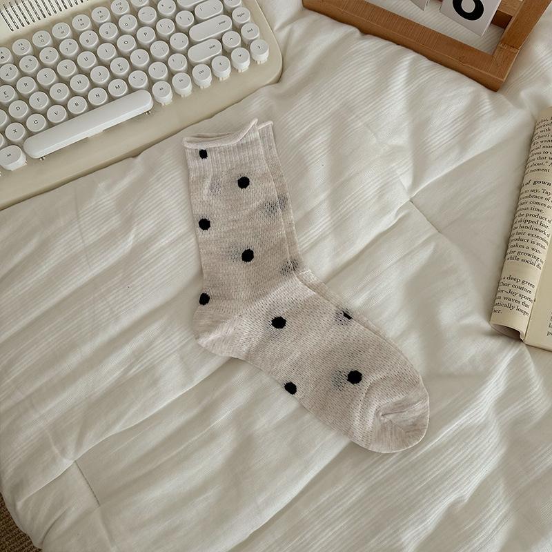 

Rolled-edge Color-blocking Polka Dot Cotton Socks for Summer Girls, Hollowed-out Mesh Pile Socks, Versatile School Style 1 pair