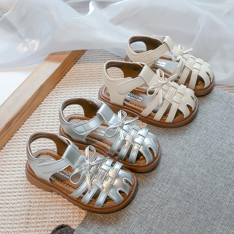 Girls Sandals Simple Bows Kids Beach Shoes Hollowed-out Non-slip 2025 Summer New Children Princess Shoes Soild Color Sweet Lace