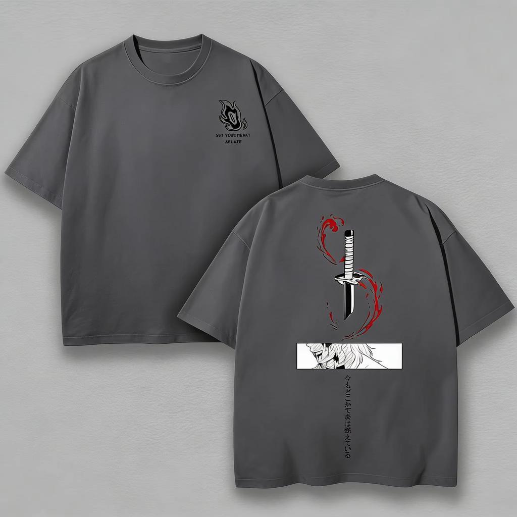 Unisexs Demon Slayer Rengoku TShirt Set Your Heart Ablaze Graphic Pure Cotton Tee Casual Anime Wear for Otaku Daily Campus Home