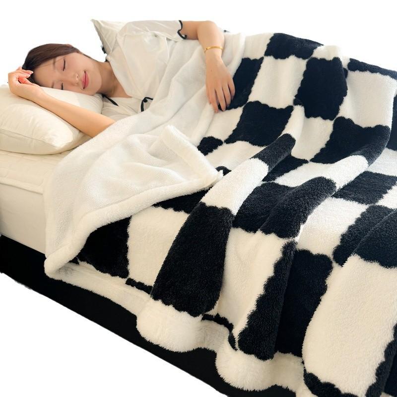 Thick Winter Fleece Blanket Double-Layer Polar Throw Bed Dorm Nap Cozy Geometric Checkered
