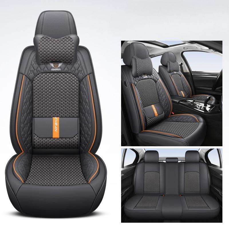 

Full Set 5-Seat Car Seat Covers with Built-in Lumbar Support & 2 Headrests –Nappa Leather & Ice Silk Stitched Universal Fit