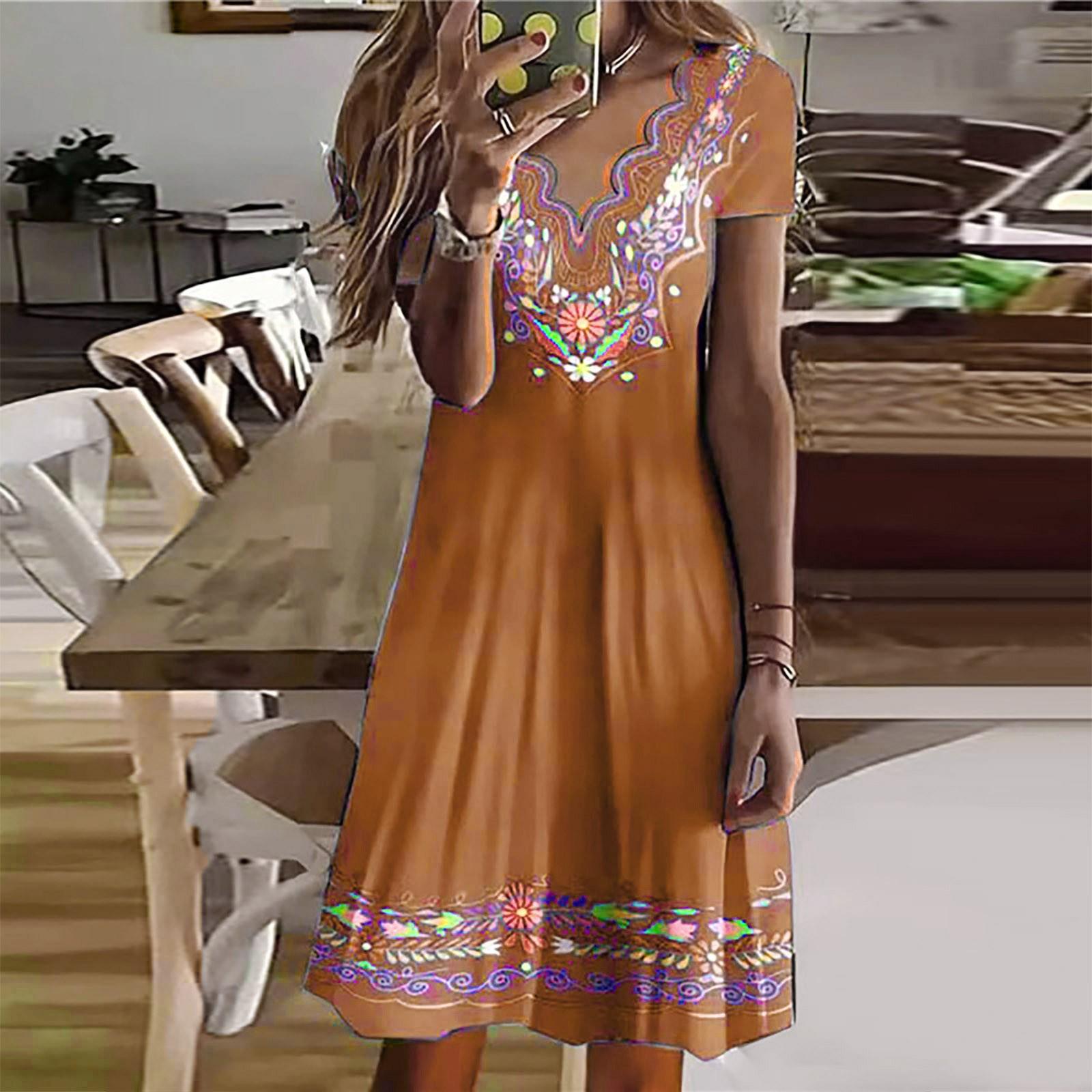 Ladies Casual Fashion Loose Pullover Print Wavy V Neck Short Sleeve Dress M