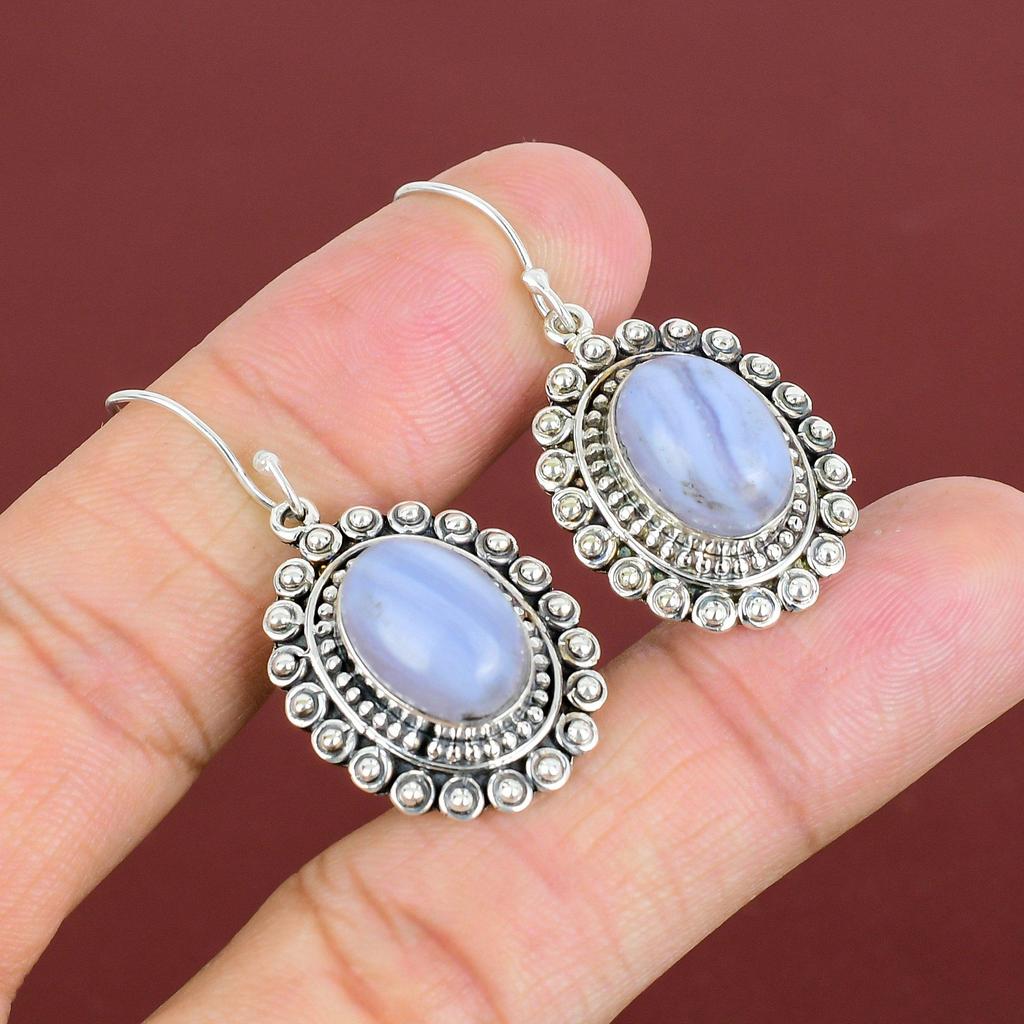 Blue Lace Agate Earrings Gemstone Handmade Earring Birthstone Jewelry 925 Sterling Silver Earrings Very Pretty Vintage Earring Wedding Gifts