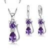 925 Sterling Silver Color Jewelry Sets for Woman Girls Shining Austrian Crystal Cute Cat Pendant Necklace Huggie Earring