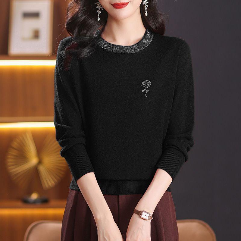 Women's Crew Neck Knit Sweater Spring and Autumn Loose Thin Knit Pullover Rhinestone Soft Knit Top