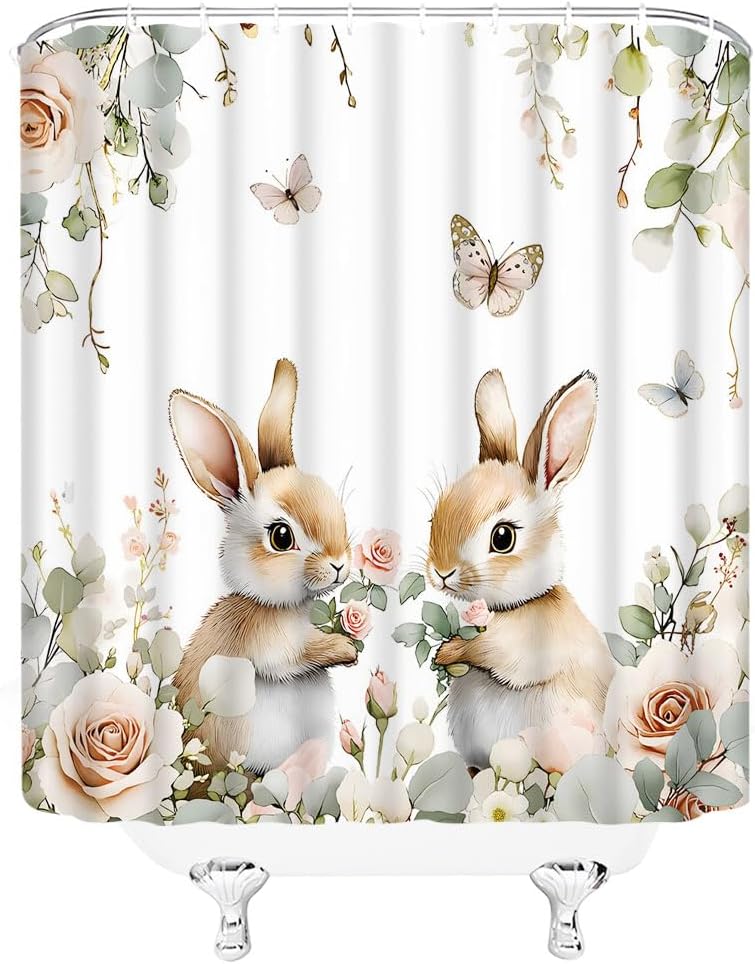 Easter Rabbit Shower Curtain Green Leaves Cute Bunny Spring Rustic Flower Farmhouse Butterfly Watercolor Rose Floral Bathroom