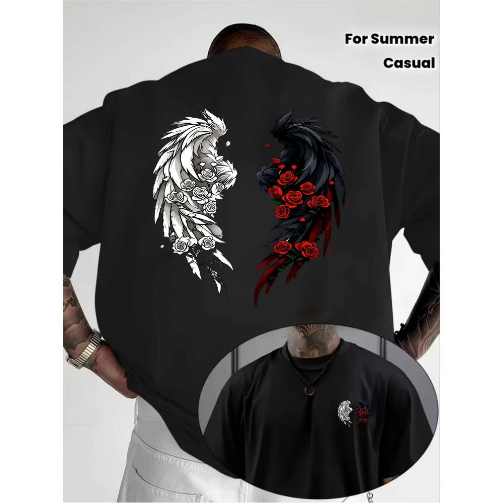 Casual Black and White Rose Wing Pattern Trendy 100% Pure Cotton Men T-shirt for Summer Street Style Short Sleeve