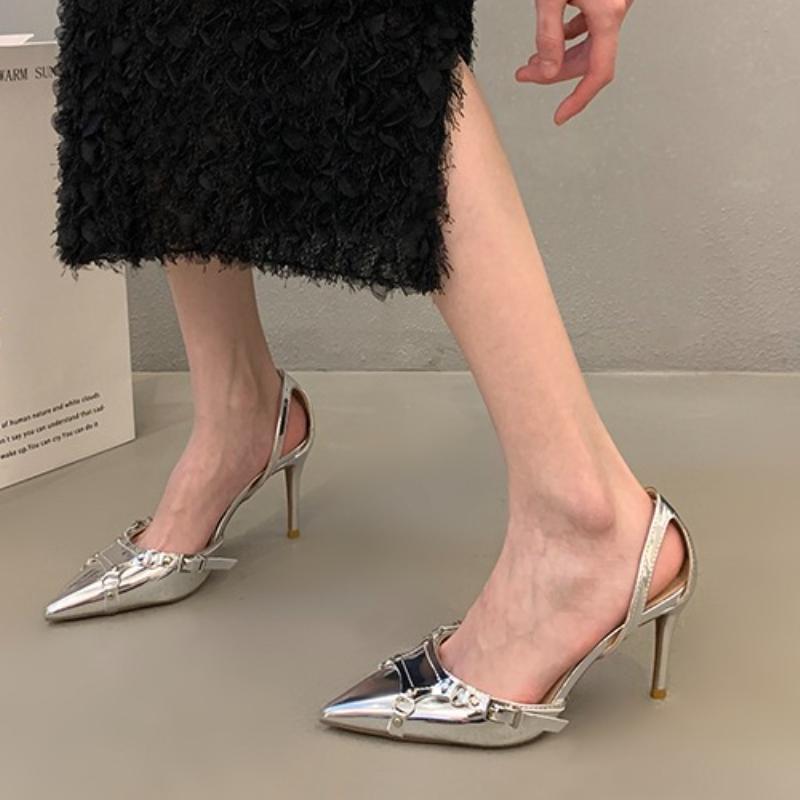 Fashion Silver High Heels Sandals Women Summer 2025 Punk Goth Pointed Toe Party Shoes Woman Metallic Thin Heeled Dress Pumps Ladies