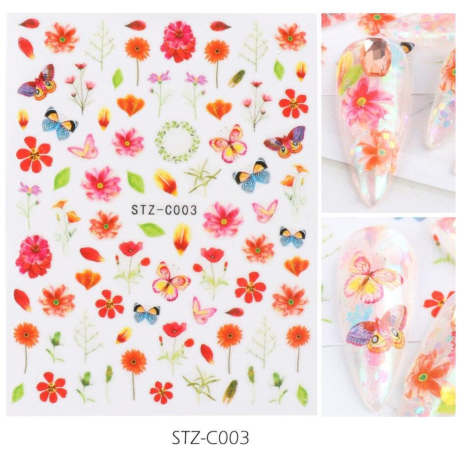 1pc 3D Nail Stickers Spring Summer Natural Flower Leaves Simulation Dried Flower Dragonfly Nail Applique Water Slides Decoration