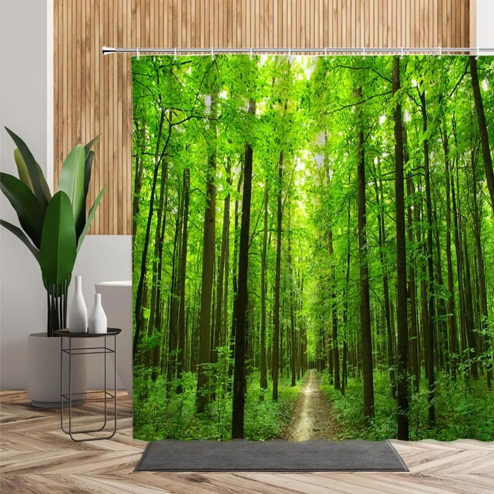 unframed Tropical Forest Shower Curtain, Nature Scenery Green Tundra Forest Waterfall River Animal Bridge, Bathroom Decorative