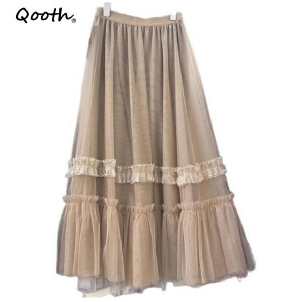 Qooth Women A-line Nail Beads Tulle Ruffle Skirt Wide Hem Mid Length Elastic Waist Casual Skirt QT2633