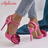 Aphixta Nowe Kryształy Różowe Kwiaty 12cm Wysokie Szpilki Sandały na Pasku na Kostce Kobiety Szpiczasty Nosek Obcasy na Imprezę Buty Plus Size 43