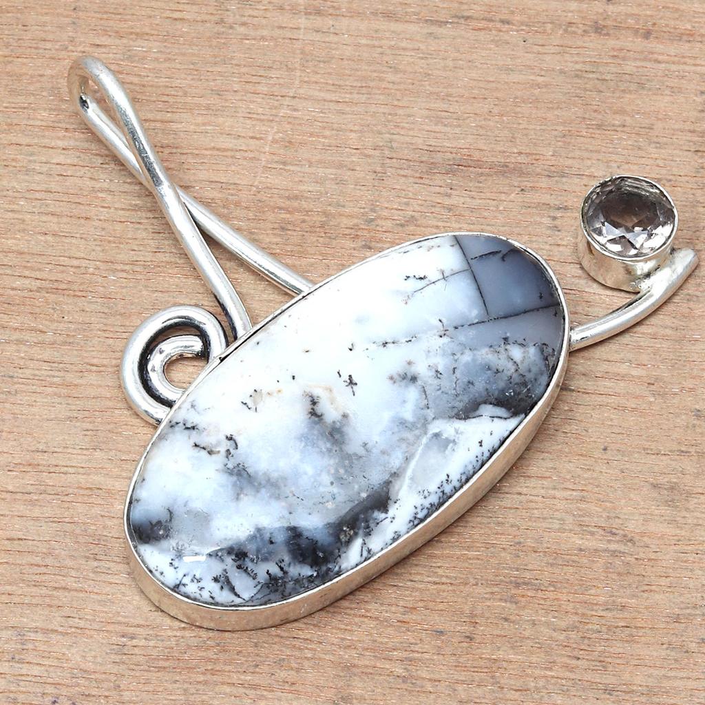 Pendant Dendritic Opal White Topaz Gemstone Valentine Day Silver Jewelry 1.75"