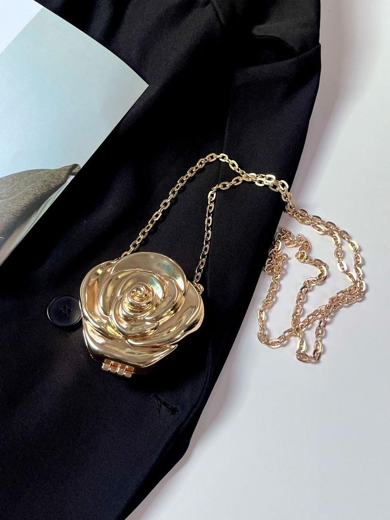 Metallic Rose Flower Mini Box Bag With Magnetic Closure For Daily Fashion Accessories
