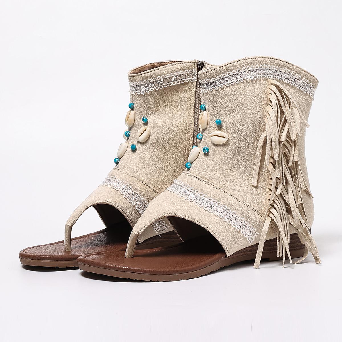 

2025 Новые кисточки с бусинами, ракушки, этническое кружево, боковая молния, удобные, сто пляжных, женские короткие ботинки 36 бежевый