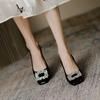 Beige Heeled Sandals Shallow Mouth Comfort Shoes for Women Square Toe 2025 Summer Mary Jane Black High Rhinestone Elastic Band