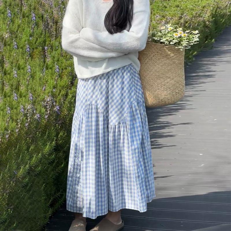 Dopamine Blue Checked Skirt for Women In Spring and Summer New Mid-length Large Sway A-line Slim Umbrella Skirt