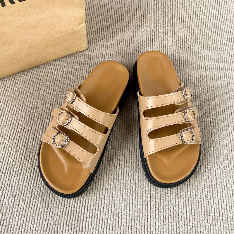 

Сандалии большого размера женские модные с ремешком на трех пряжках, летняя обувь на плоской подошве с открытым носком, шлепанцы Boken 43 абрикосовый