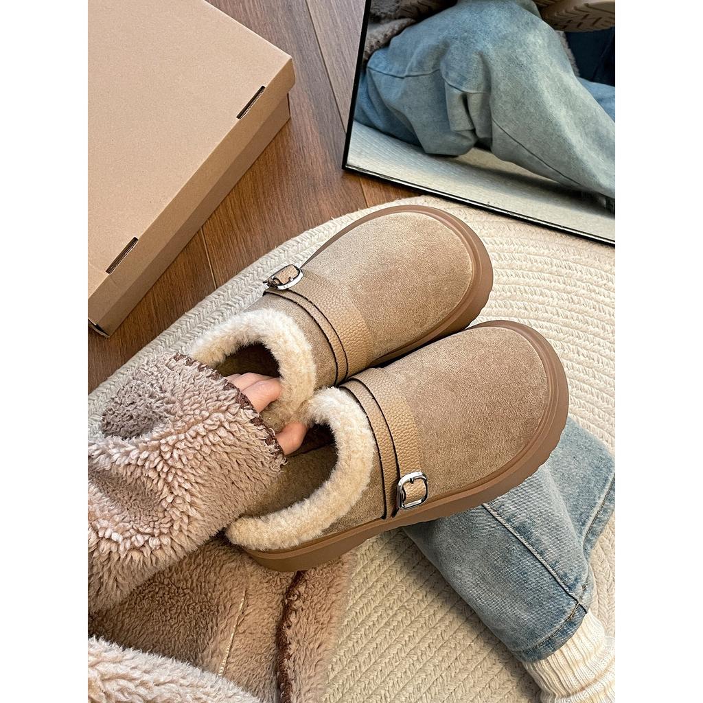 Khaki retro thick bottom heightened plush slippers outer wear 2025 winter warm Birkenstocks cotton slippers