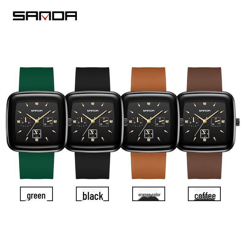 Sanda Square Men's & Women's Quartz Watch with Silicone Strap, Six Hands, Waterproof, Bar Markers, Fashionable Design