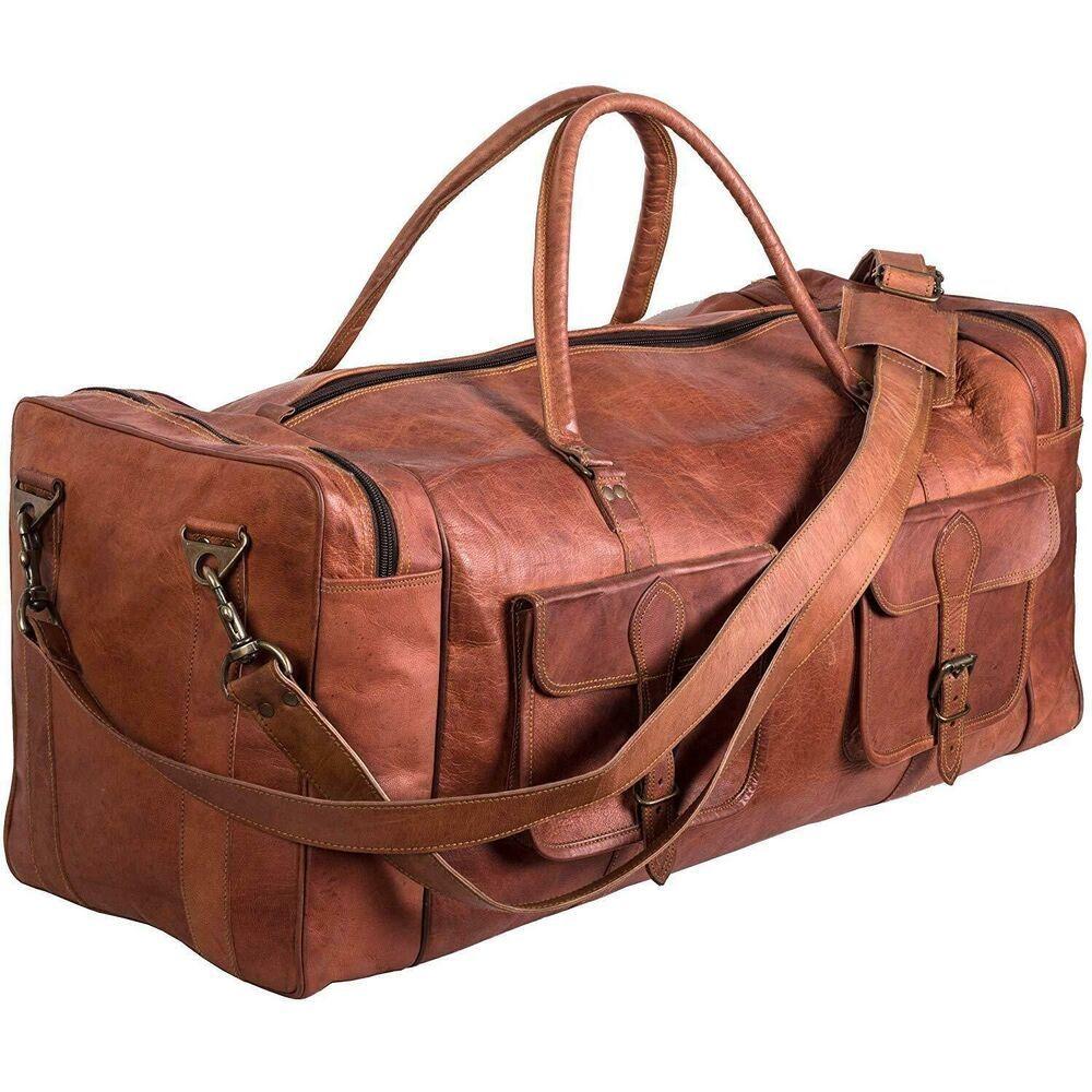 Handmade Weekend Overnight Leather Goat Travel Luggage Brown Duffel