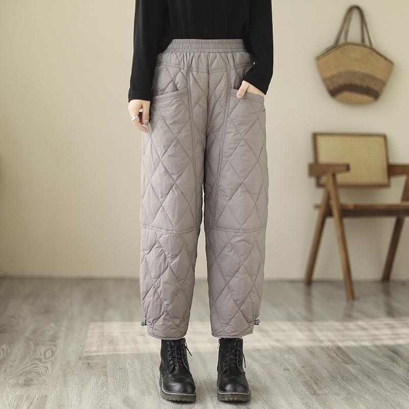 Winter Effen Kleur Ruitvormige Neergedrukte Broek Dames Winddicht en Warm Witte Eendendons Casual Broek