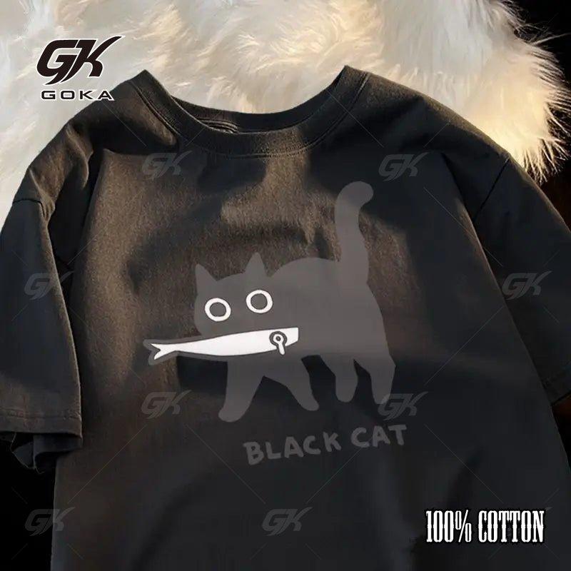 Fashion Women Cotton T-shirts Kawaii Cartoons Black Cute Cat Printing Tees Unisex O-Neck Loose Tops Street Casual Female Clothes