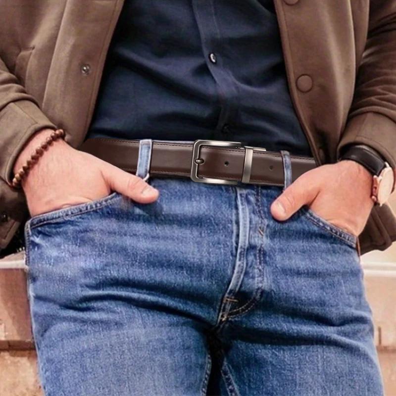1pc Men's Leather Reversible Belt, Rotate Black Buckle