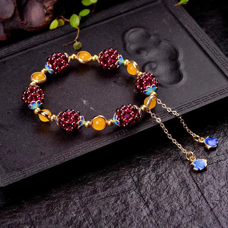 1Pcs Natural Garnet Bracelet With Multiple Circles Fashionable Pomegranate Jewelry Stone Grape Tourmaline Weaving Exquisite Ball
