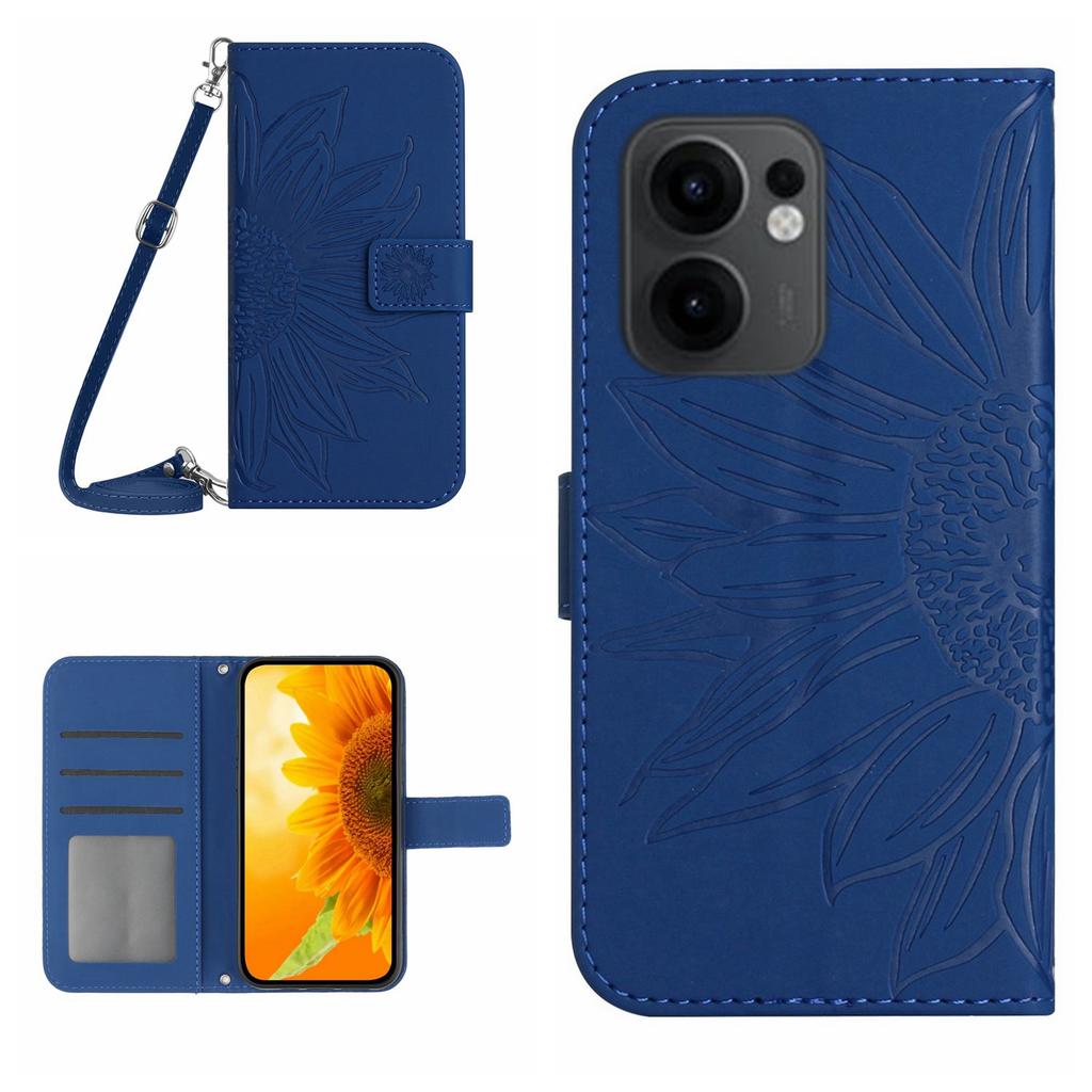 For Oppo Reno13 F 4G/5G Case Sunflower Imprint PU Leather Phone Cover with Long Strap