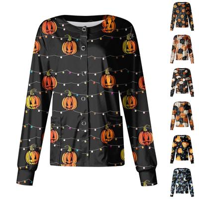 Damski wzór z długim rękawem, kieszonkowy, roboczy nadruk na Halloween, stójka, jednorzędowy kombinezon ochronny, kurtka typu cardigan Top