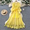 Heavy Industry Embroidery Hollow Dress Women's Summer Long Sleeves Waist Skinny Commuter Temperament Yellow A-shaped Dress