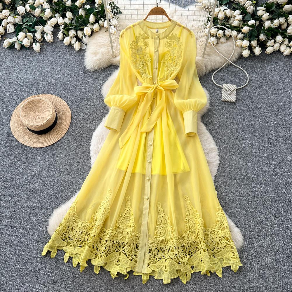 Heavy Industry Embroidery Hollow Dress Women's Summer Long Sleeves Waist Skinny Commuter Temperament Yellow A-shaped Dress