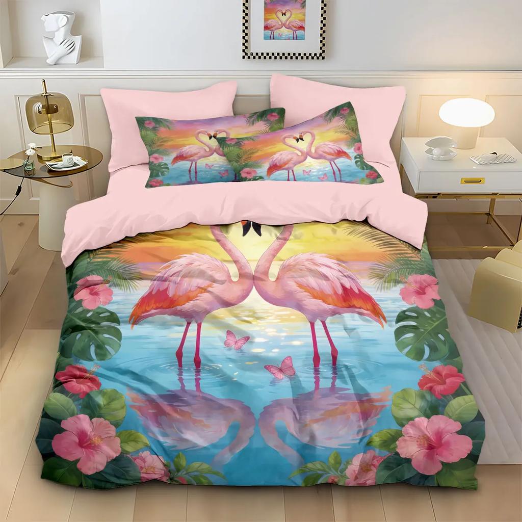 2/3pcs Flamingo Forest Animal Print Coreless Duvet Set,Multi Size Bedroom Bedding Decoration Machine Washable