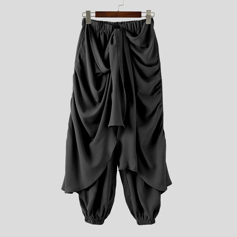 

INCERUN Mens Elastic Waist Layers Ruffled Solid Color Casual Harem Pants Long Trousers