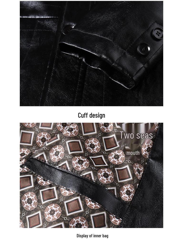 Skórzana Kurtka Męska Duży Rozmiar dla Średniego Wieku i Starszych z Klapami - Wiosna i Jesień