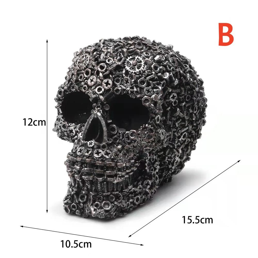 Creative Craft Skull Flowers Sculpture Horror Screw Gear Mechanical Style Statue Home Halloween Skeleton Head Decorative Crafts