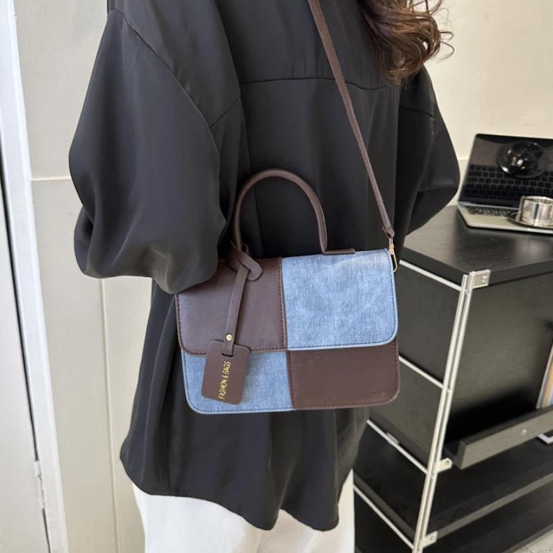 Women'S Commuter Tote Bag Pu Leather Fashion Plaid Patchwork Single-Shoulder Crossbody Bag