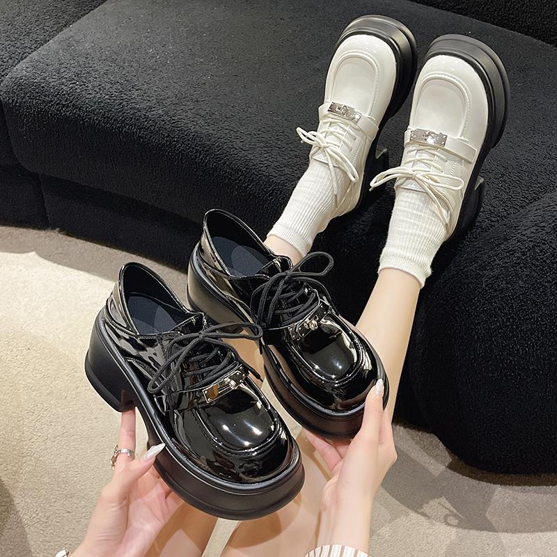 fashion 2024 Lace Up Spring Women Pumps Black Loafers Chunky 7.5CM High Heels High Platform British Autumn Ladies Thick Bottoms Shoes